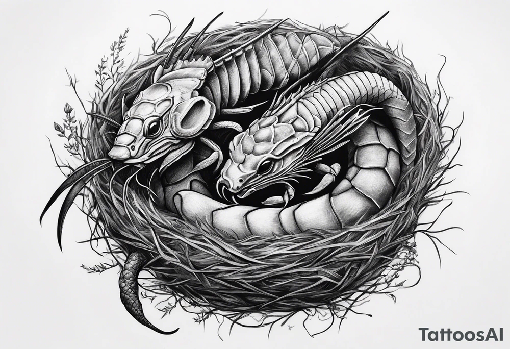 Two pisces and a Capricorn in a nest with a giant scorpion looking over them from above tattoo idea
