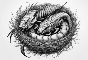 Two pisces and a Capricorn in a nest with a giant scorpion looking over them from above tattoo idea