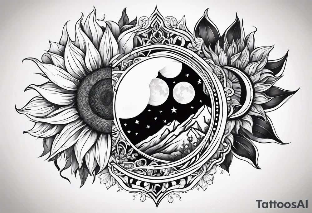 Sunflowers sun and moon tattoo idea