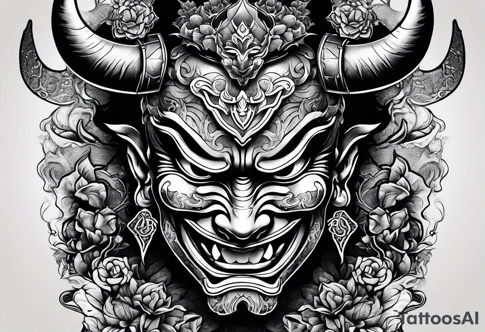 Um homem com a cabeça raspada usando uma máscara de hannya tattoo idea