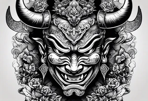 Um homem com a cabeça raspada usando uma máscara de hannya tattoo idea