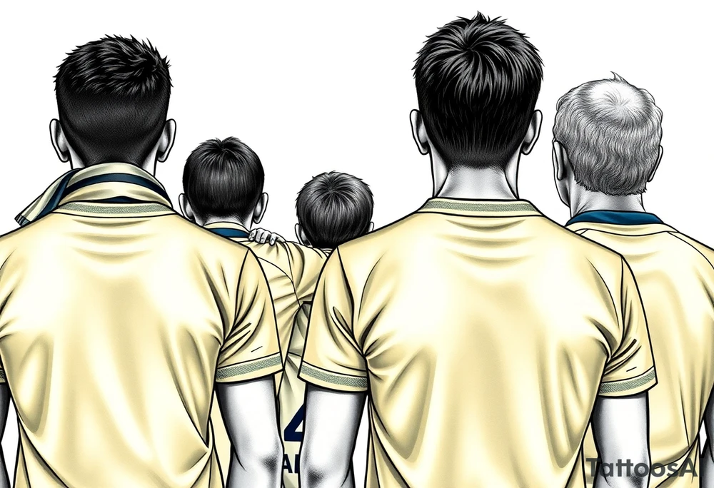 4 soccer fans from their backs, wearing yellow blue shirts. the second one from left having a kid on his shoulders, and he's rising a scarf.
the right one is older and shorter and wearing an Adidas shirt with the number 7 on it tattoo idea