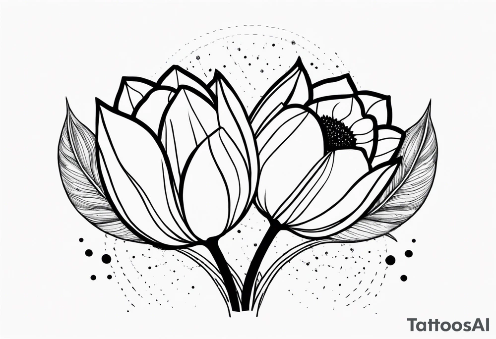two tulips with a sunflower in the middle with some leaves and surrounded by some small dots tattoo idea