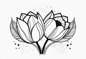 two tulips with a sunflower in the middle with some leaves and surrounded by some small dots tattoo idea
