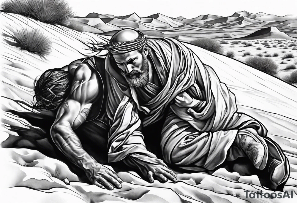 man crawling in a desert reaching to the cross of Christ tattoo idea