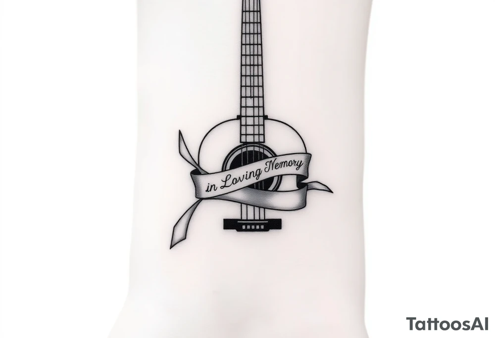 Accustic Guitar with ribbon wrapped around with In Loving Memory inside ribbon tattoo idea