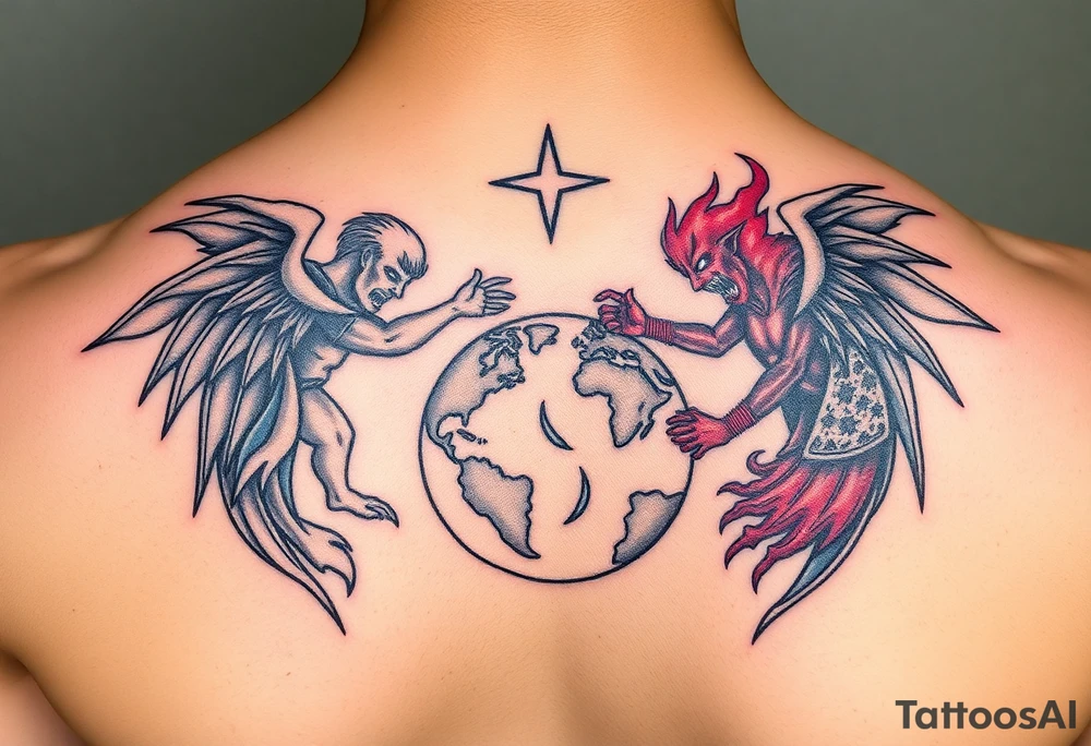 Heaven and hell fighting each other on earth tattoo idea