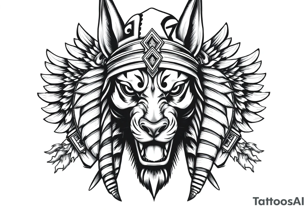 Egyptian Anubis god powerful face muscle in Egypt style with mantle on head dog face surrounded Egyptian symbols tattoo idea