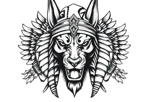 Egyptian Anubis god powerful face muscle in Egypt style with mantle on head dog face surrounded Egyptian symbols tattoo idea