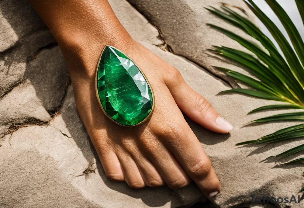 Tattoo: A striking Gachala emerald sits at the base of a tall quindio wax palm, which grows resiliently from cracks in rugged, rocky soil. The emerald is the main focal point, symbolizing strength and endurance, while the wax palm, rooted in the soil’s crevices, represents growth and resilience. A small water stream flows gently from the rocks, adding an element of life and nourishment. Style: Semi-Realism. tattoo idea