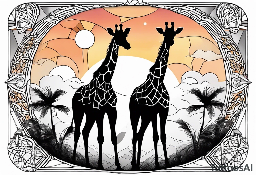 Two young giraffes standing in front of a sunset with one having angel wings tattoo idea