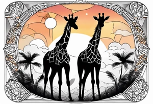 Two young giraffes standing in front of a sunset with one having angel wings tattoo idea