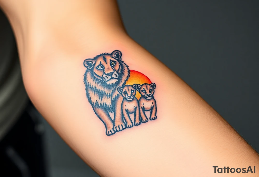 lion family, lioness and two cubs at sunset in the savannah tattoo idea