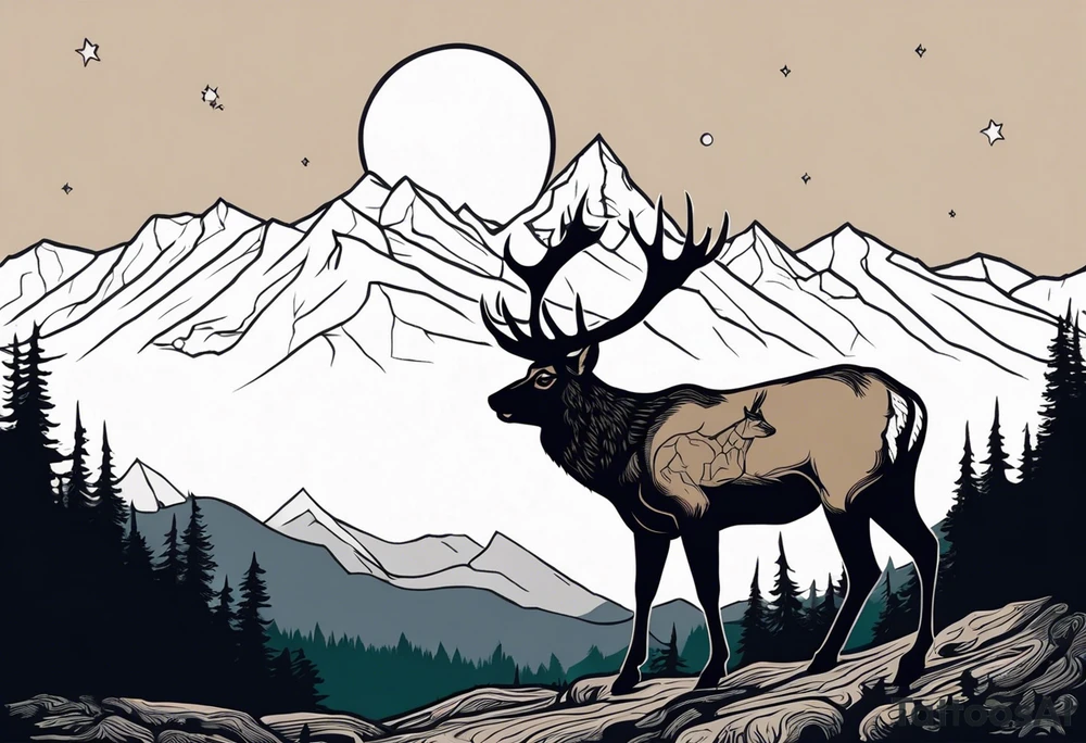 Hunter in the woods with dark mountains in the background under moonlight with elk deer and a cougar tattoo idea