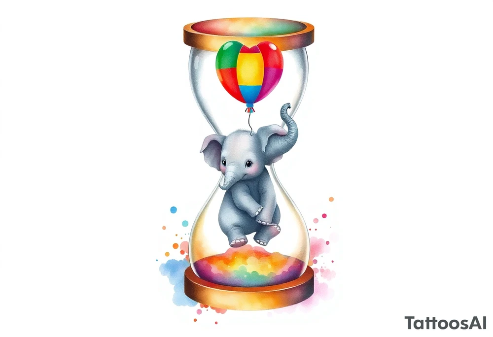 An hour glass with a Baby elephant inside and an autism balloon coming from outside and  the top of the hour glass. All around the hour glass would be a rainbow of water colors tattoo idea