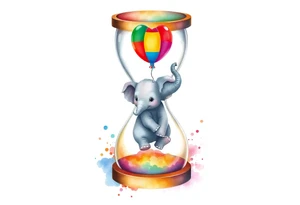 An hour glass with a Baby elephant inside and an autism balloon coming from outside and  the top of the hour glass. All around the hour glass would be a rainbow of water colors tattoo idea