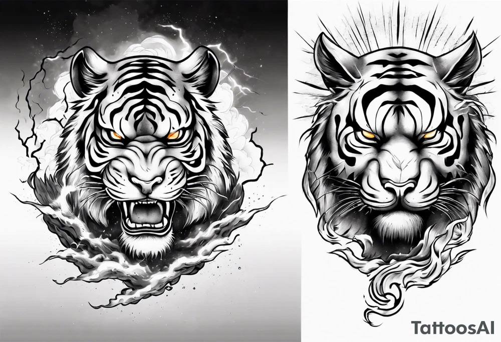tiger warrior with lightning and the sun for a forearm sleeve tattoo idea