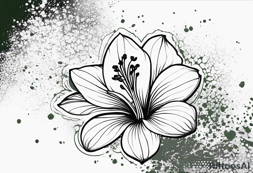 An outline of a rio dipladenia flower with a splatter green and purple behind it tattoo idea