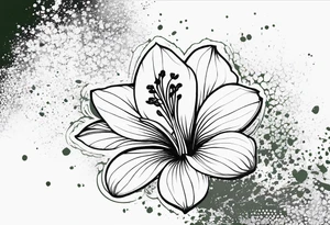 An outline of a rio dipladenia flower with a splatter green and purple behind it tattoo idea