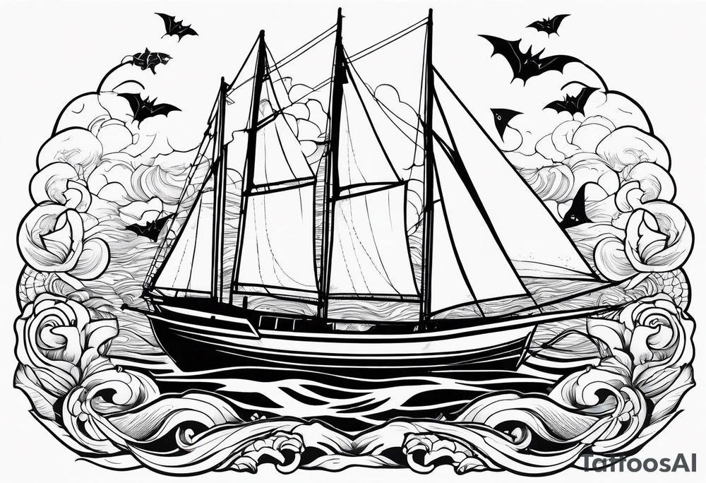 sailboat with pacific sheepshead and bat ray below the water line tattoo idea