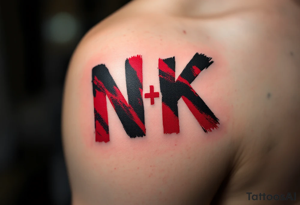 Brush Stroke Monogram – Bold black and deep red “N + K” drawn with thick, paint-like brush strokes for an expressive, artsy look. tattoo idea