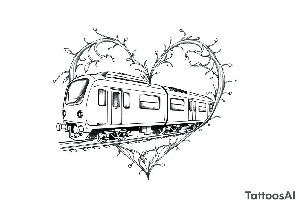 A modern train with carriages in the shape of a heart tattoo idea