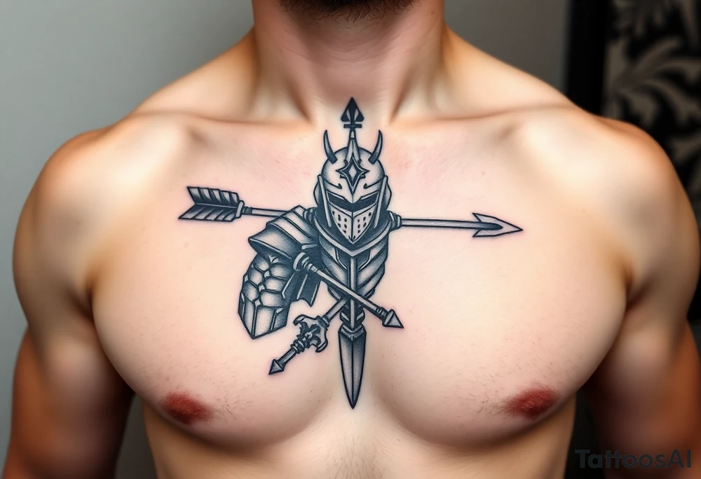 chest japan theme knight with arrow tattoo idea