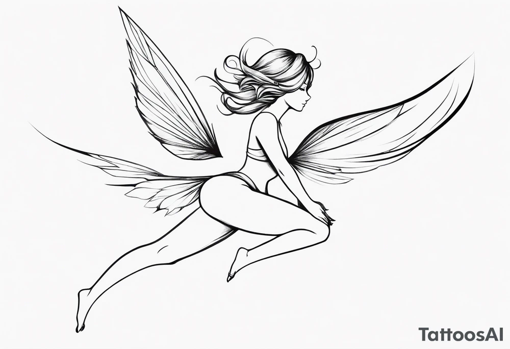Minimalistic, monochromatic fairy with a tail flying to the left in a fetal position, leaning and looking in the same direction, with visible hands, embodying the 'Fairy Tail' logo aesthetic. tattoo idea