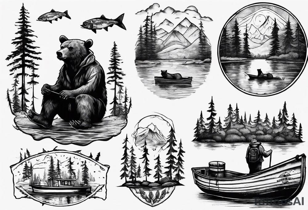 bear, forest, lake, small man on a fishing boat, appalachia, arm sleeve tattoo tattoo idea