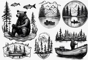 bear, forest, lake, small man on a fishing boat, appalachia, arm sleeve tattoo tattoo idea
