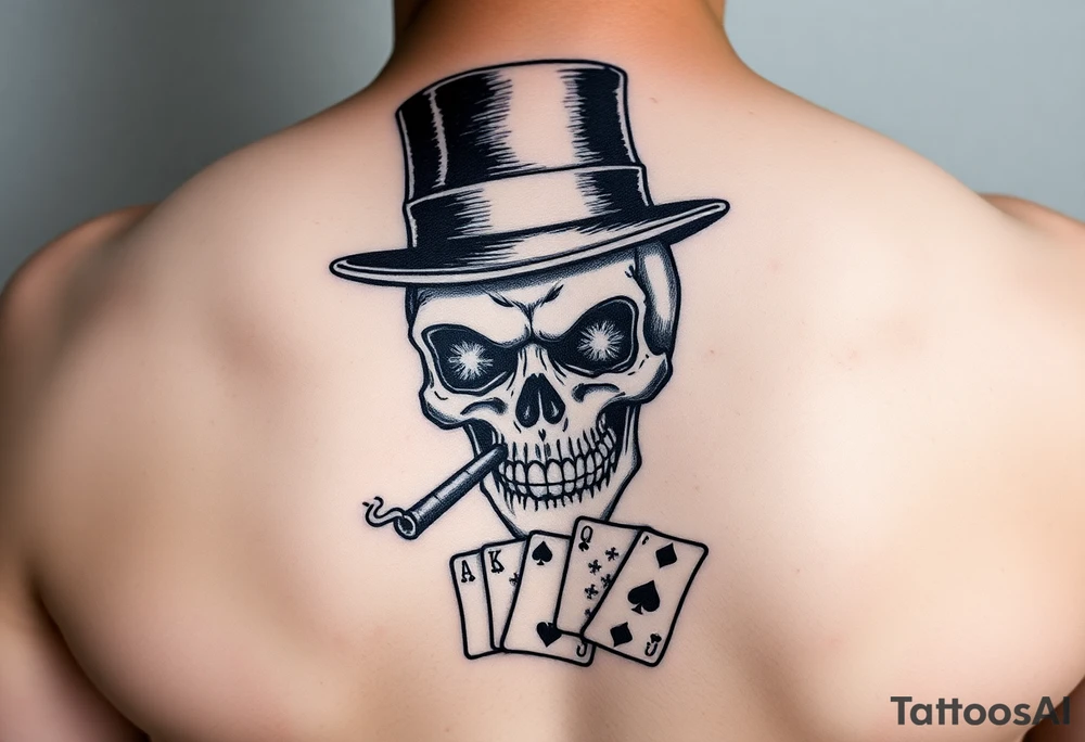 skull with top-hat,cigar in his mouth and playing cards. tattoo idea
