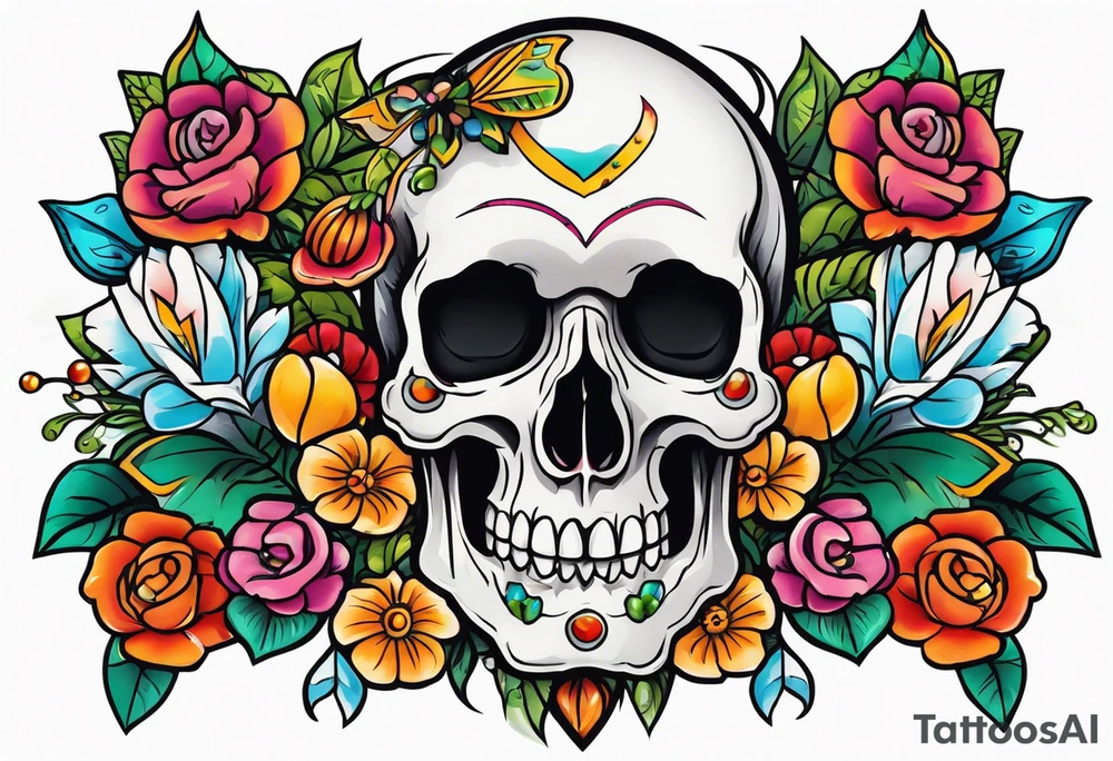 Neo traditional floral chest piece with animal skull and gems tattoo idea