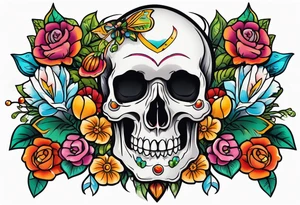 Neo traditional floral chest piece with animal skull and gems tattoo idea