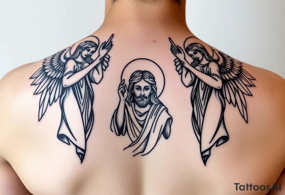 russian orthodox symmetrical guardian angel icon on left and right side of back with both angels holding up a jesus potrait tattoo idea