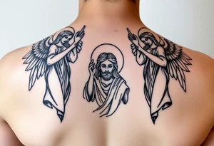 russian orthodox symmetrical guardian angel icon on left and right side of back with both angels holding up a jesus potrait tattoo idea