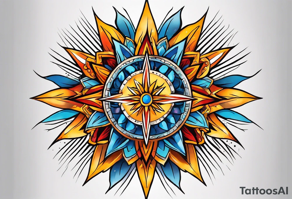 sunburst with yellow, orange, red, and blue colors tattoo idea