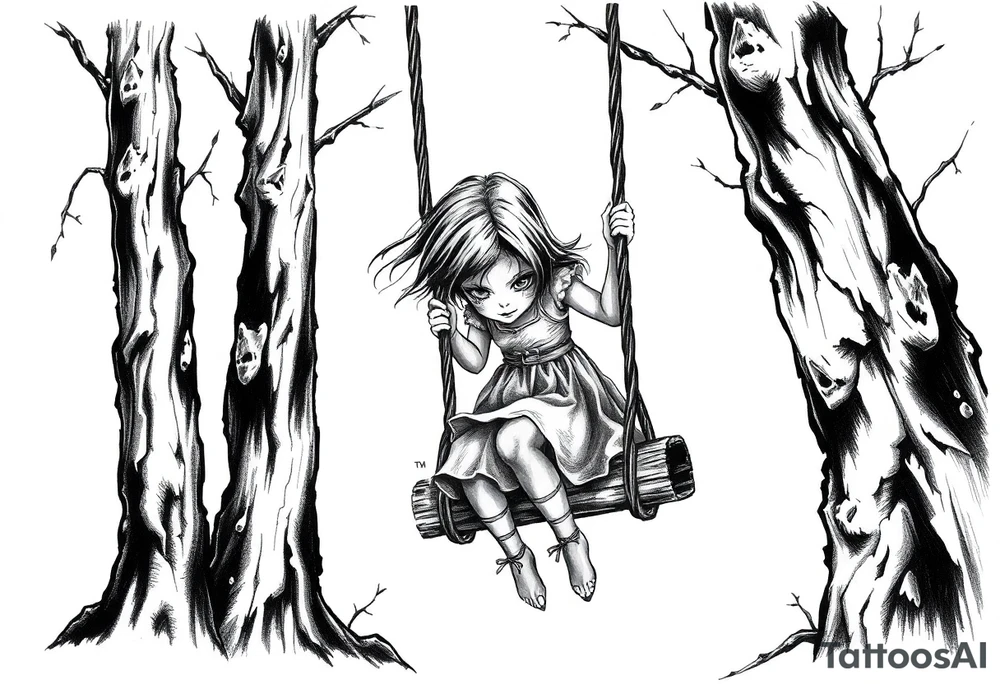 creepy grudge style little girl in the woods on a rope swing tattoo idea