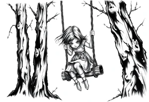 creepy grudge style little girl in the woods on a rope swing tattoo idea