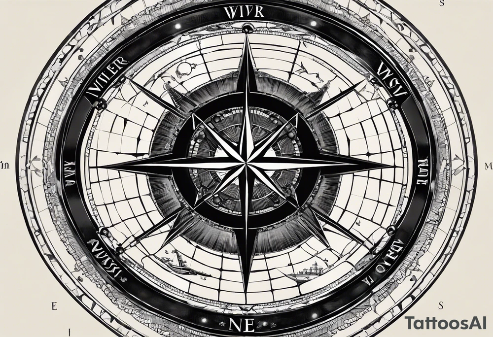 Compass Rose: Positioned on the shoulder with long straight lines radiating outward in all directions.
Lines: Transform into latitude and longitude lines further down the arm, creating a detailed backdrop.
Diver: In the foreground, a diver facing forward, with hands out as if holding a ball.
Silhouette: Instead of a ball, a small scuba diver's silhouette swimming upward between the diver's hands. tattoo idea