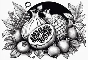 Cornucopia with pomegranate and other fruits and golden coins. tattoo idea