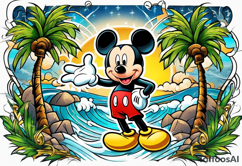 mickey mouse in a lightning storm with palm trees and the celtic symbol for family tattoo idea