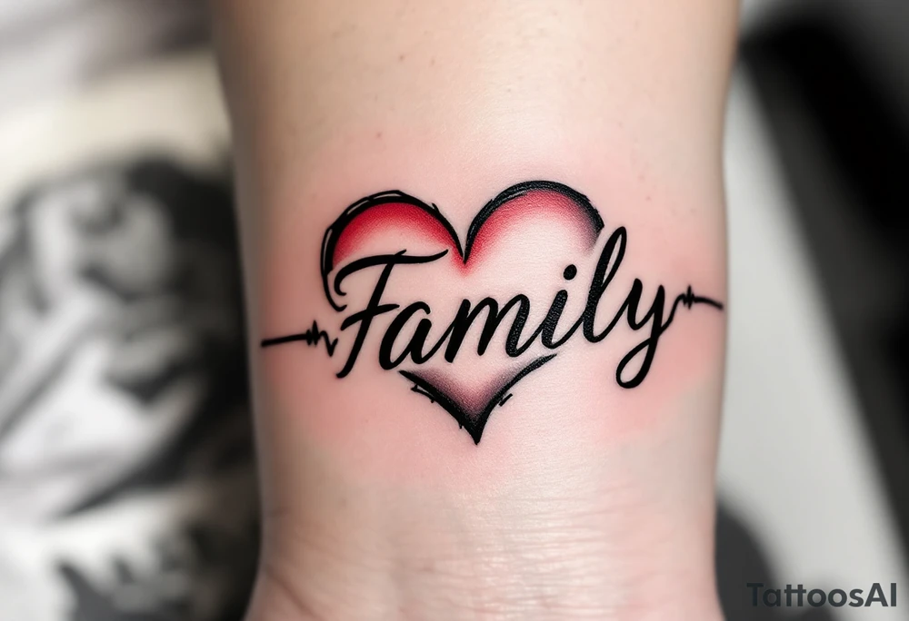 A delicate black and red heartbeat that transforms into the word “Family” with “Mom & Dad” nestled inside the curve. tattoo idea