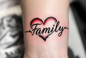 A delicate black and red heartbeat that transforms into the word “Family” with “Mom & Dad” nestled inside the curve. tattoo idea