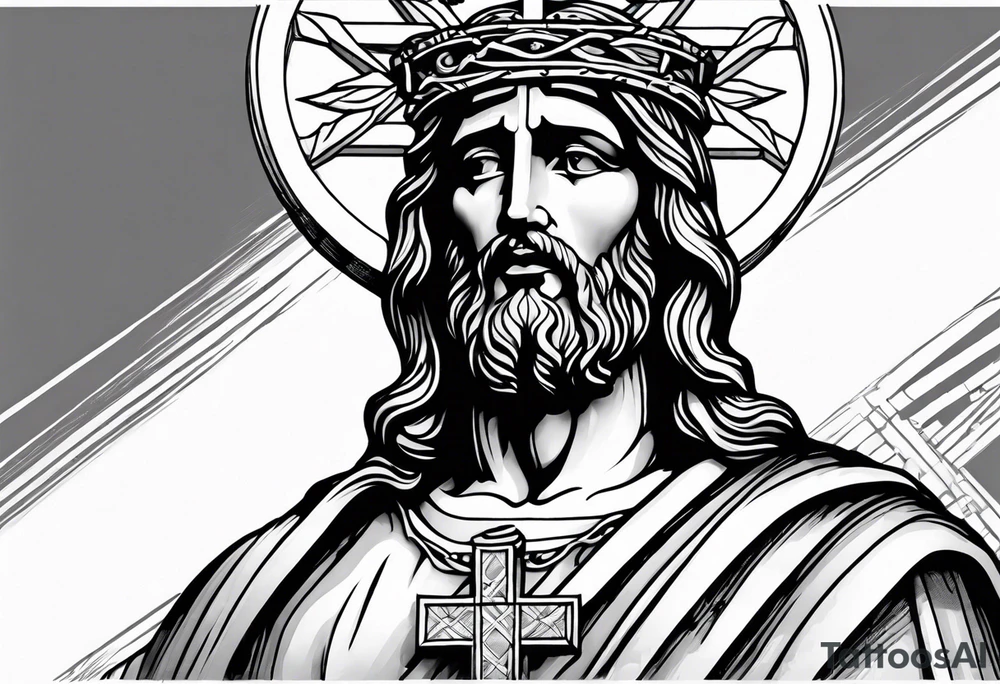 Jesus statue holding cross back tattoo idea
