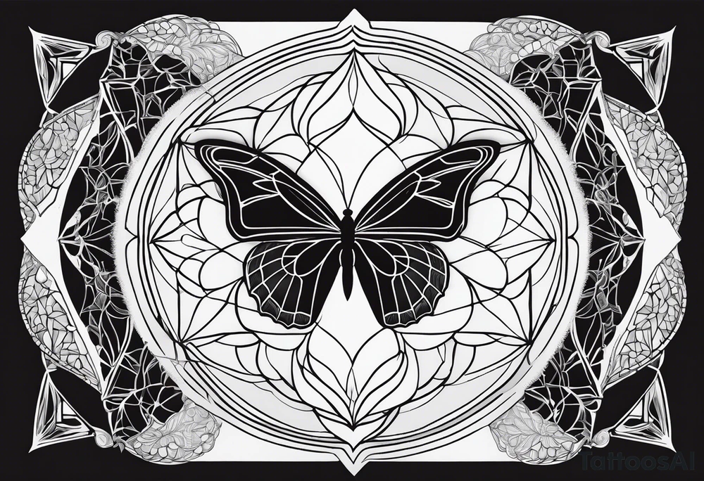 Black and white outline of sacred geometric shapes including fading flower of life into butterfly tattoo idea
