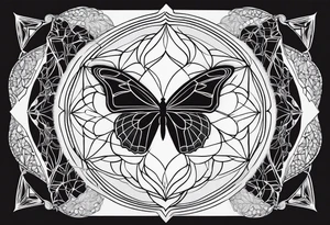 Black and white outline of sacred geometric shapes including fading flower of life into butterfly tattoo idea
