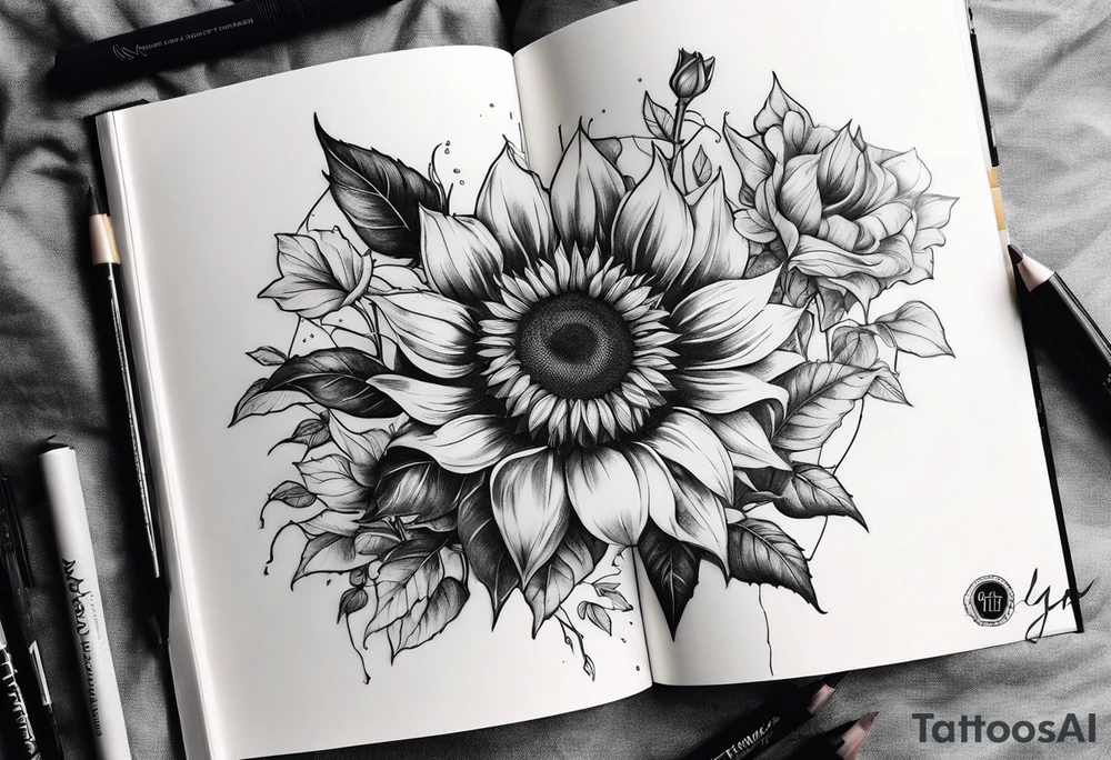 Sunflower, book, flower rose rose & bleu tattoo idea