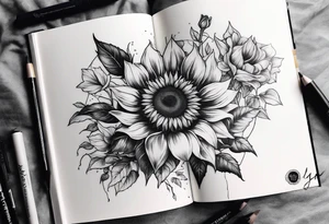 Sunflower, book, flower rose rose & bleu tattoo idea