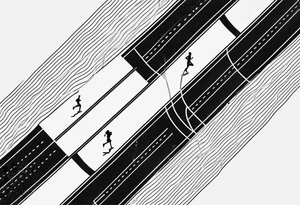A thin lined 400m running track outline showing all 9 lanes 

The whole outline of the full running track from a birdseye view of it tattoo idea