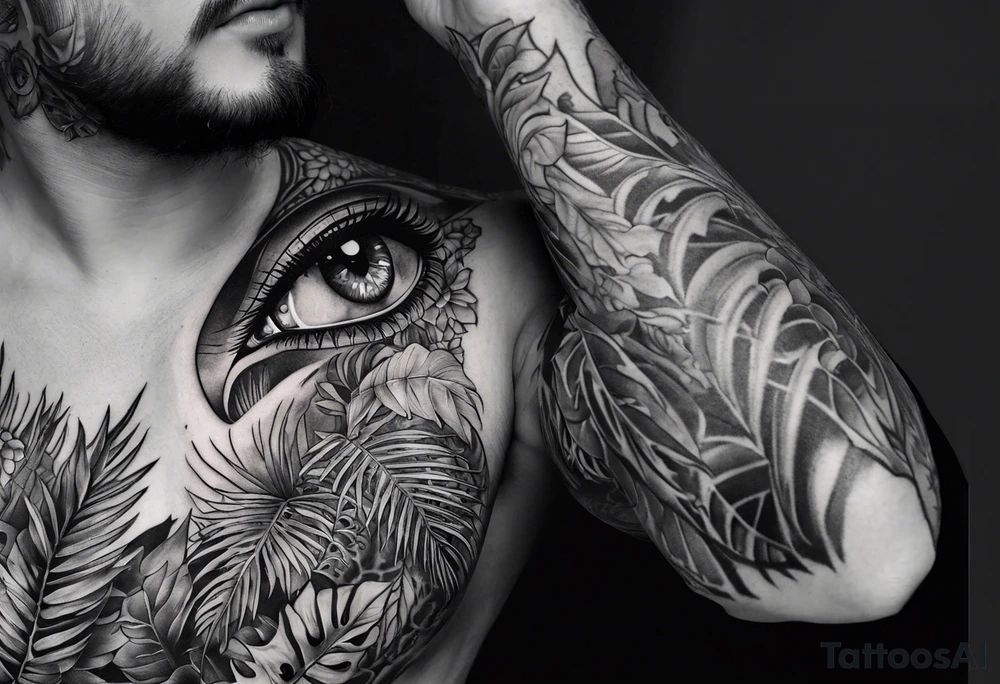 full arm sleeve tattoo with all-seeing eye and jungle plants tattoo idea